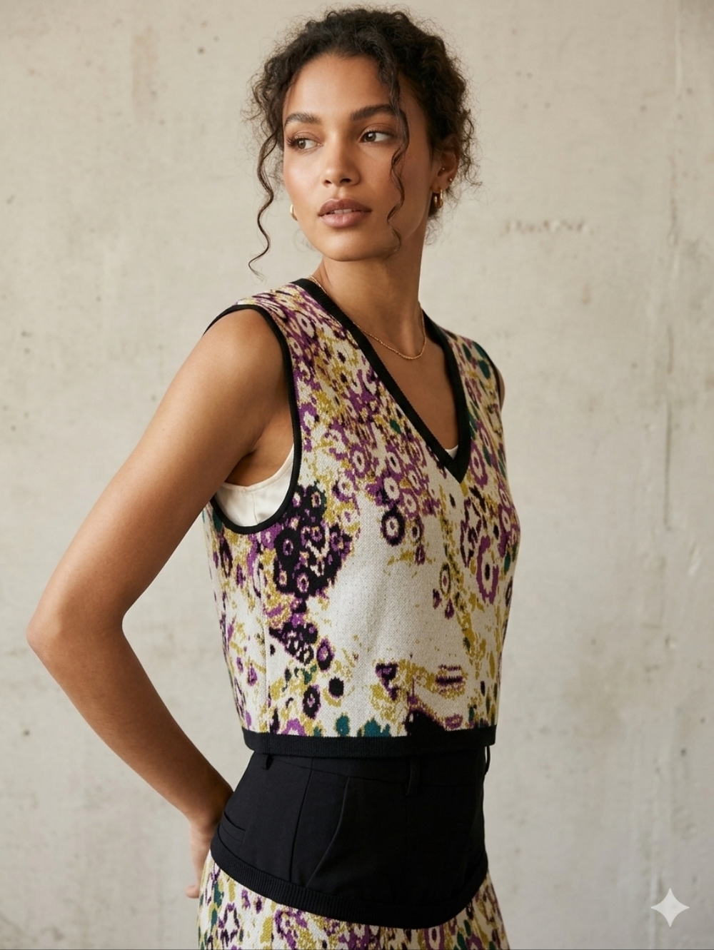 V-Neck Cropped Knit Shell in Multi Floral